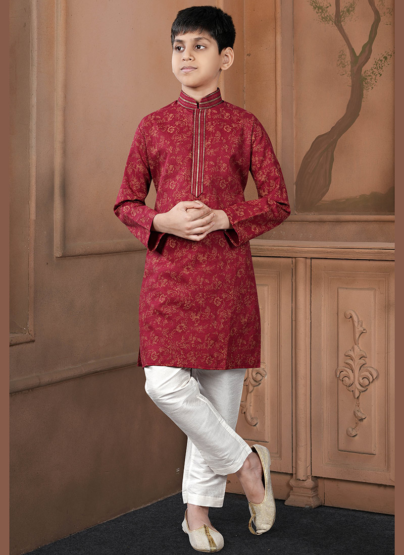 Attractive Maroon Cotton Foil Print Kids Boys Kurta Pyjama Festive Wear