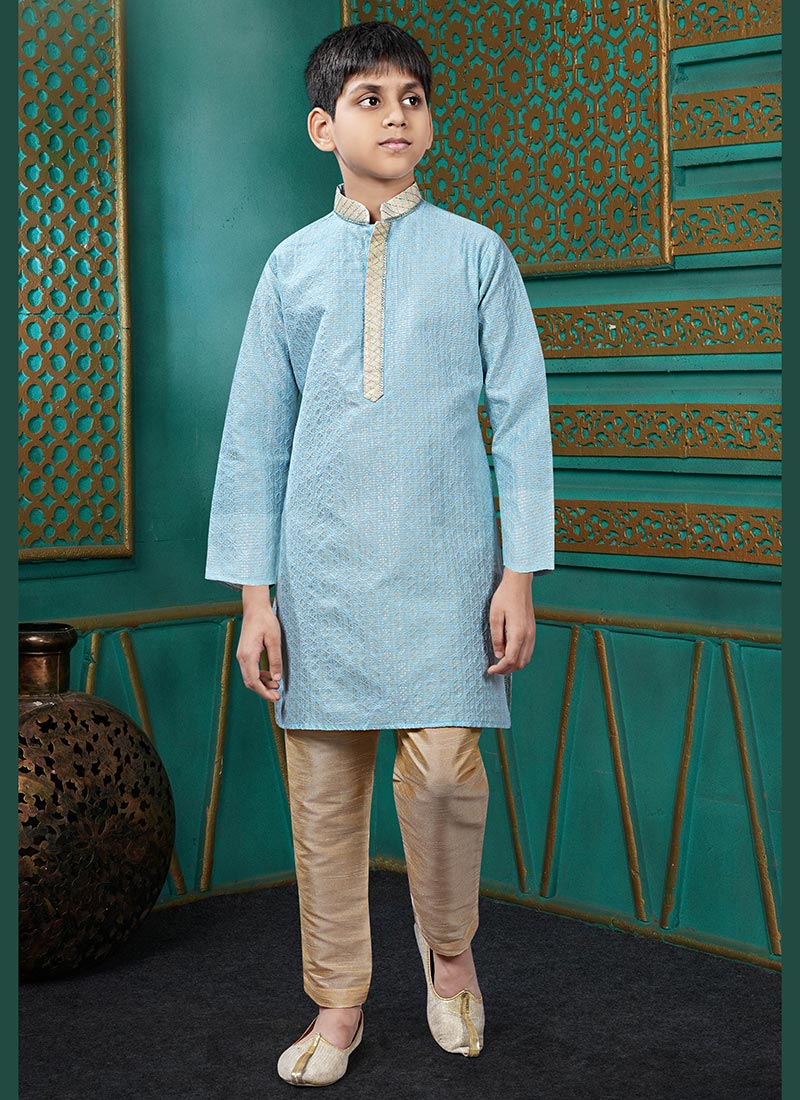 Attractive Sky Blue Jacquard Silk Zari Kids Boys Kurta Pyjama Festive Wear