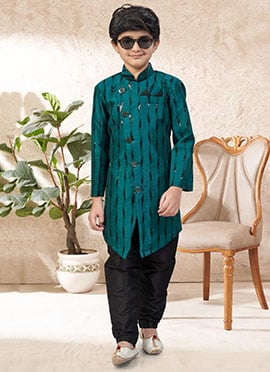 Attractive Teal Banarasi Silk Stone Work Kids Boys Indowestern Sherwani