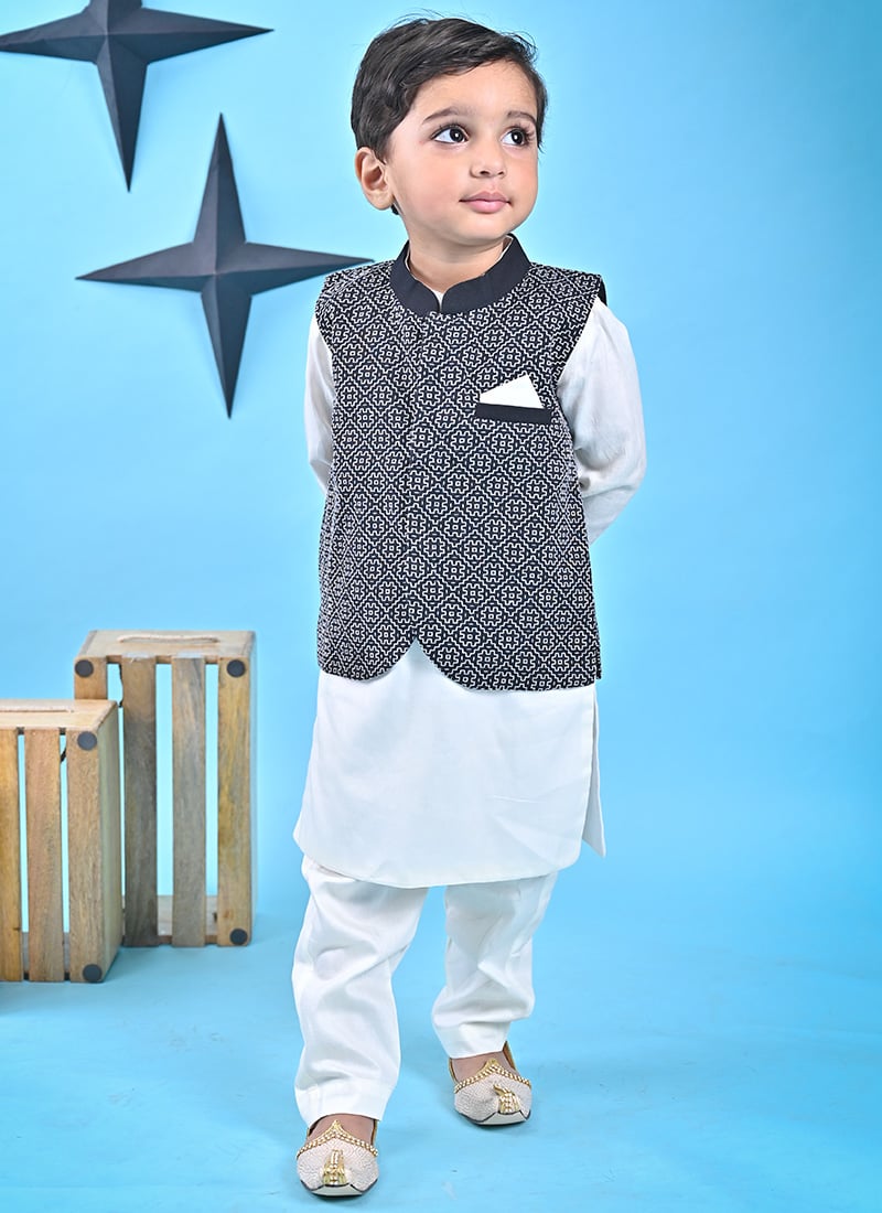 Attractive White Cotton Boys Bandi Set Party Wear