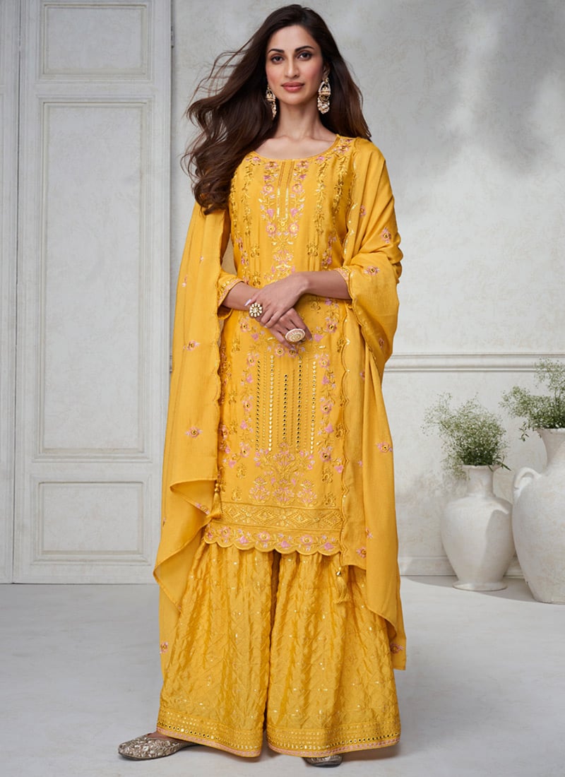 Attractively Embroidered Sequined Mirror Work Sharara Suit Party Wear