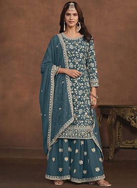 Attractively Embroidered Sequins Palazzo Suit