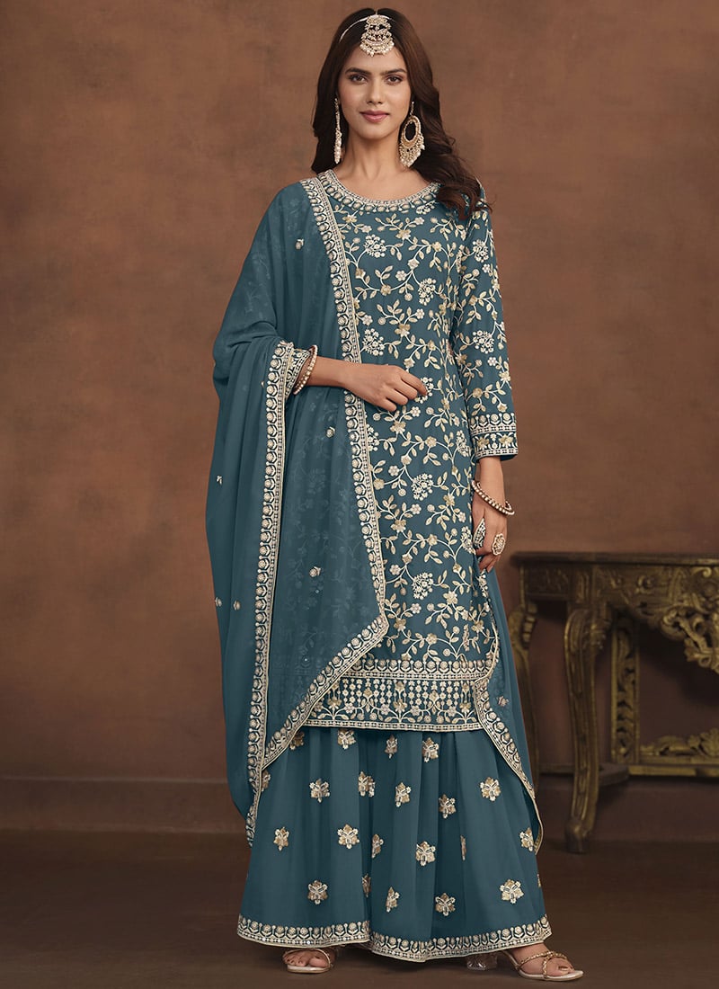 Attractively Embroidered Sequins Palazzo Suit Party Wear