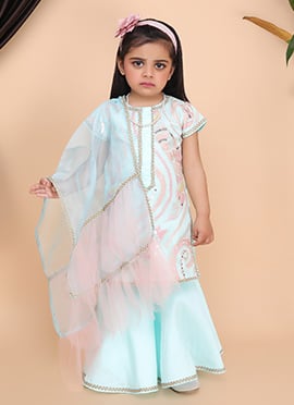 Auqa Green Net Embroidery Sharara Suit