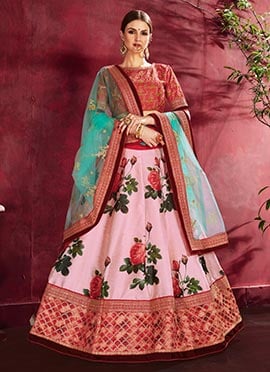 Baby Blue Art Silk Embroidered Work Umbrella Lehenga