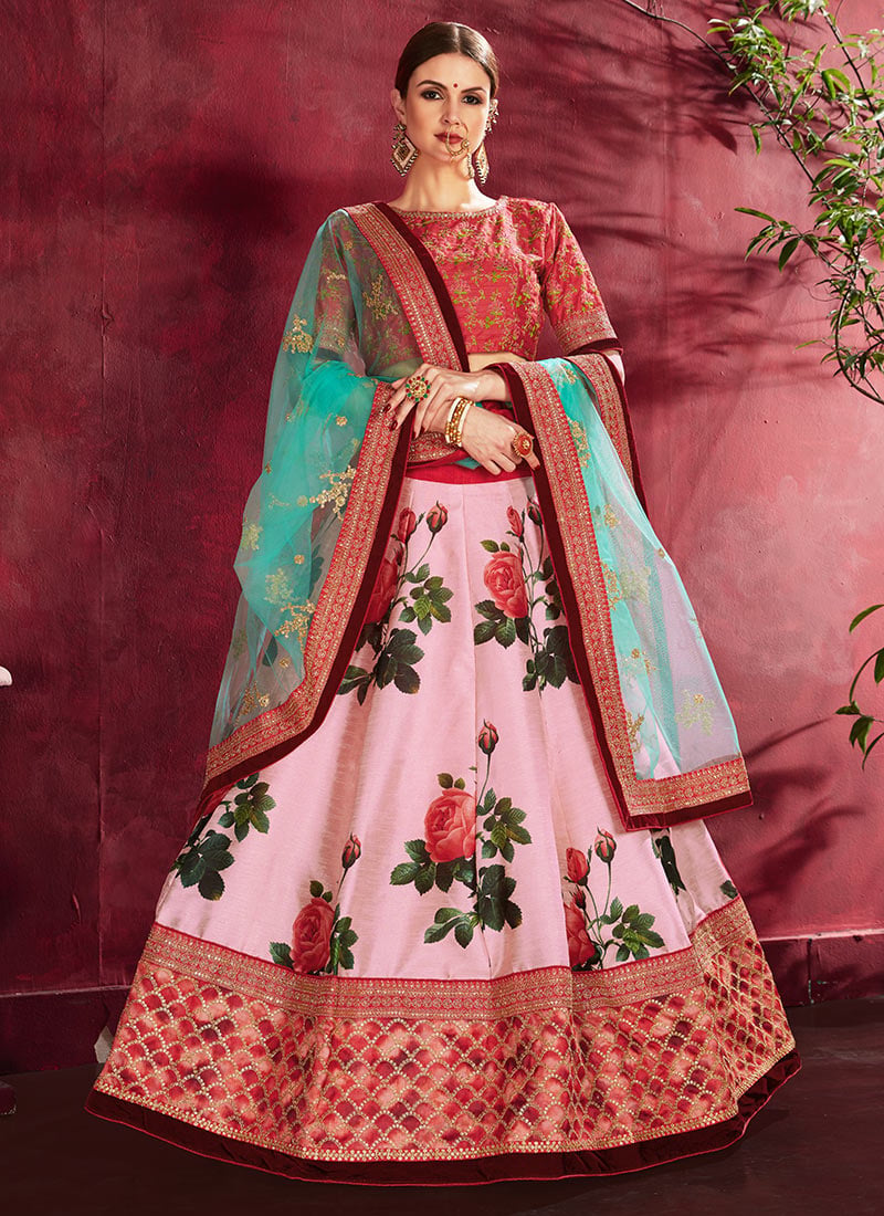 Baby Blue Art Silk Embroidered Work Umbrella Lehenga Party Wear