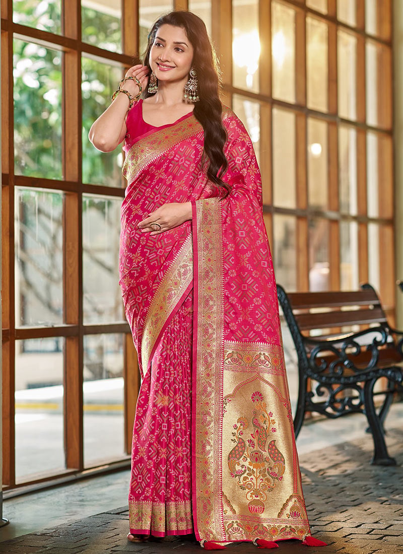 Baby Pink Jacquard Woven Zari Border Patola Banarasi Satin Silk Saree Festive Wear