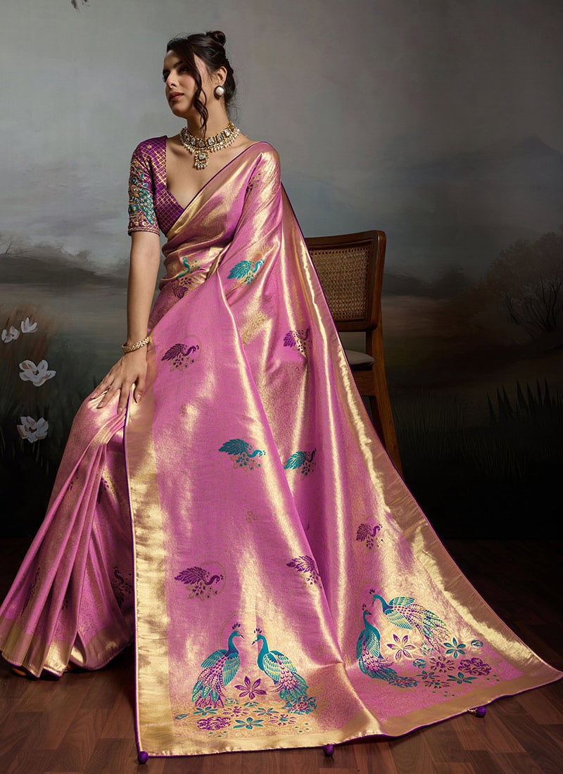 Baby Pink Banarasi Jacquard Zari Woven saree Festive Wear