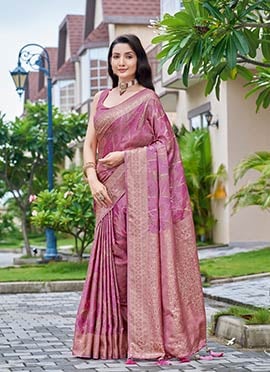 Baby Pink Banarasi Satin Silk Jacquard Woven Saree
