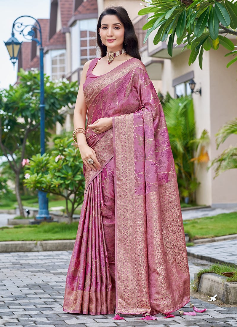 Baby Pink Banarasi Satin Silk Jacquard Woven Saree Festive Wear