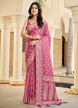 Baby Pink Banarasi Satin Silk Regal Zari Woven Saree