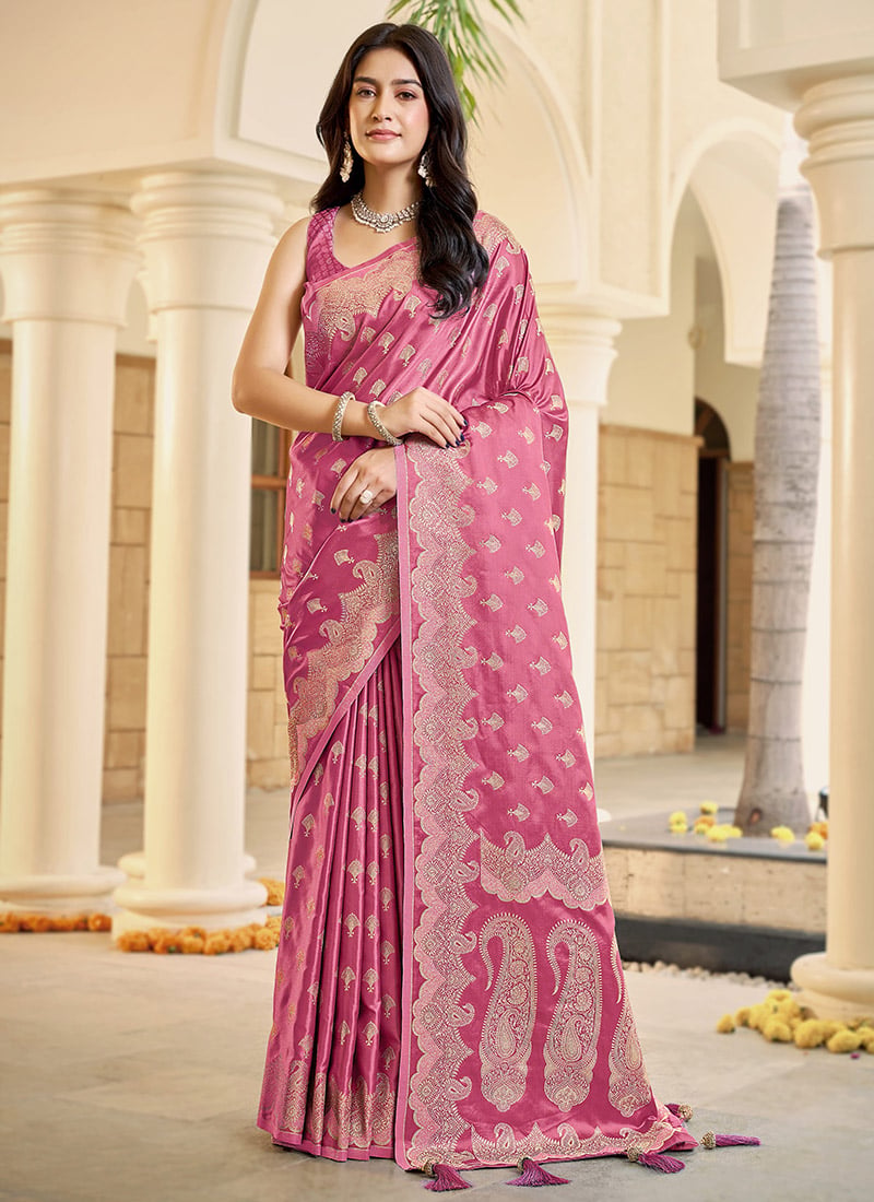 Baby Pink Banarasi Satin Silk Regal Zari Woven Saree Festive Wear