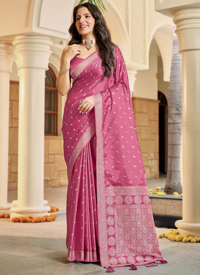 Baby Pink Banarasi Satin Silk Regal Zari Woven Saree Festive Wear