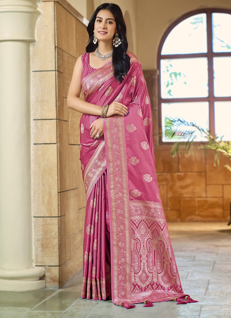 Baby Pink Banarasi Satin Silk Regal Zari Woven Saree Festive Wear
