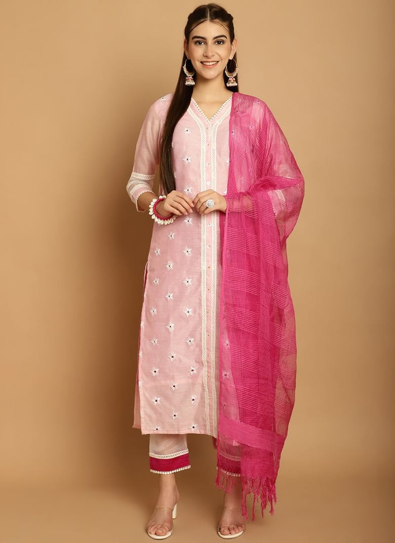 Baby Pink Chanderi Embroidered Straight Pant Suit