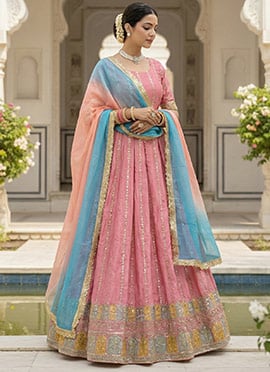 Baby Pink Chinon Silk Sequins Thread Anarkali Suit