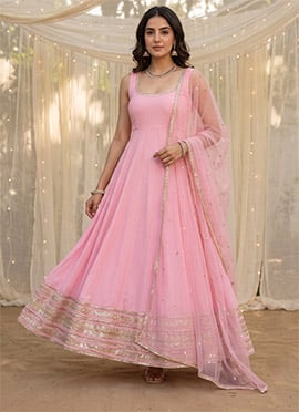 Baby Pink Crepe Moti Embroidered Anarkali Gown Set