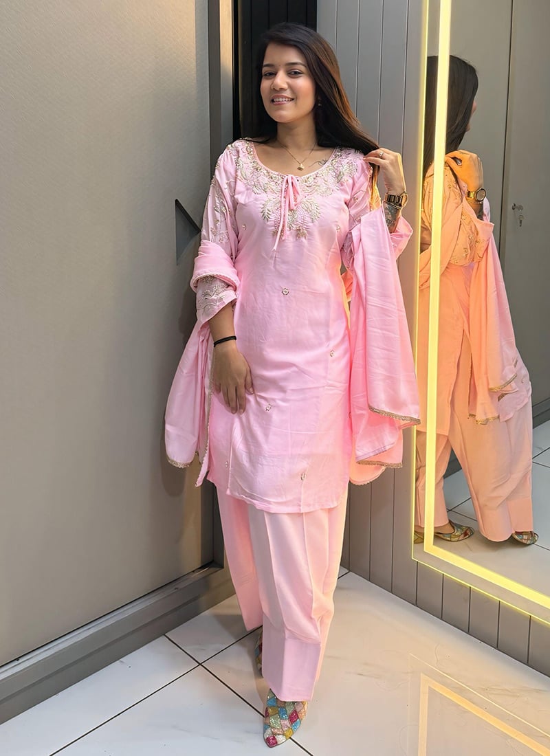 Baby Pink Crepe Sequins Beads Thread Cutdana Palazzo Suit Festive Wear