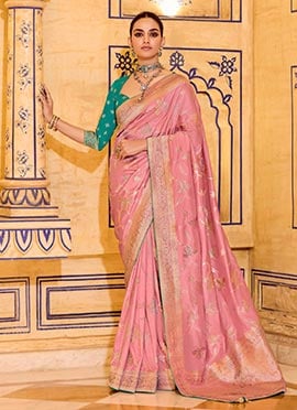Baby Pink Crepe Silk Zari Jacquard Floral Woven Saree