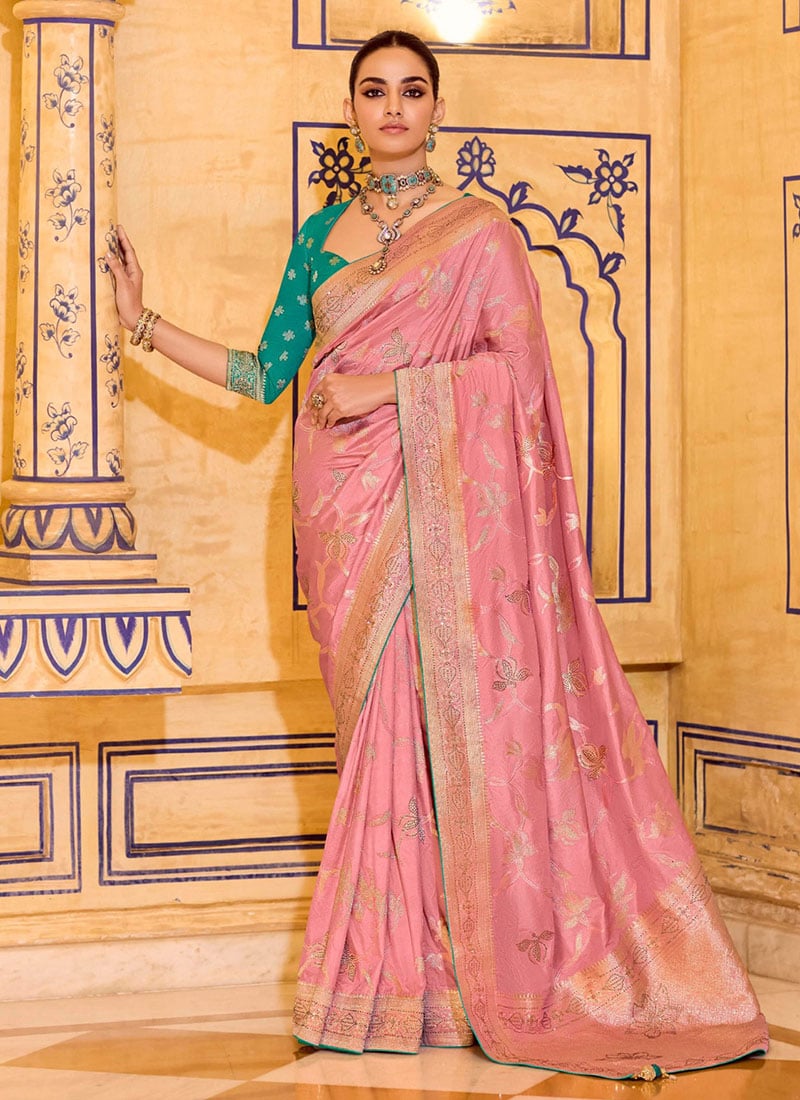Baby Pink Crepe Silk Zari Jacquard Floral Woven Saree Festive Wear