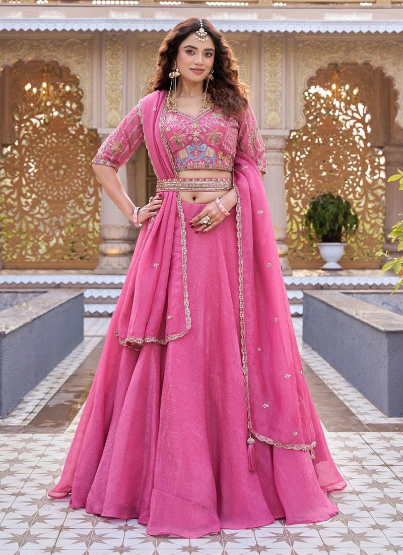 Baby Pink Crunchy Silk Embroidered Sequins With Moti Work Lehenga Wedding Wear