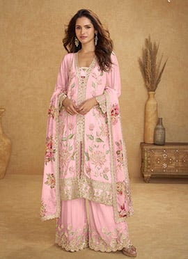 Baby Pink Digital Print Embroidered Sequins With Stone Work Palazzo Suit