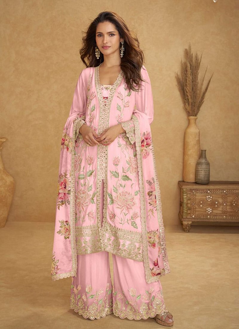 Baby Pink Digital Print Embroidered Sequins With Stone Work Palazzo Suit Festive Wear