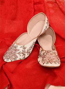Baby Pink Dupion Silk Embroidered Sequins Juti For Women