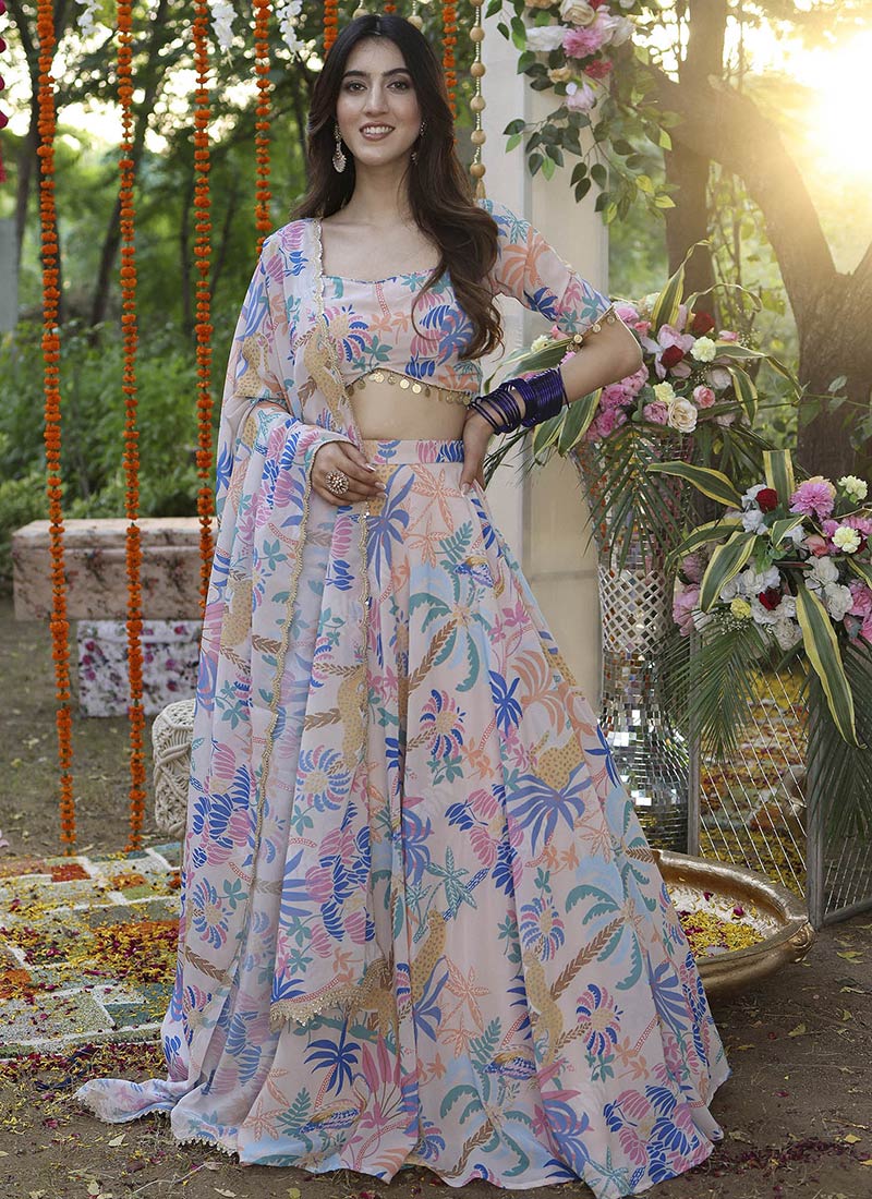 Baby Pink Faux Georgette Digital Print A Line Lehenga