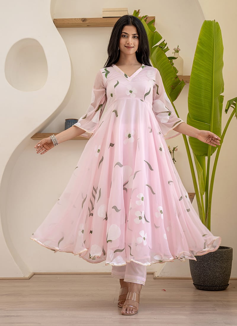 Baby Pink Faux Georgette Digital Print Anarkali Suit