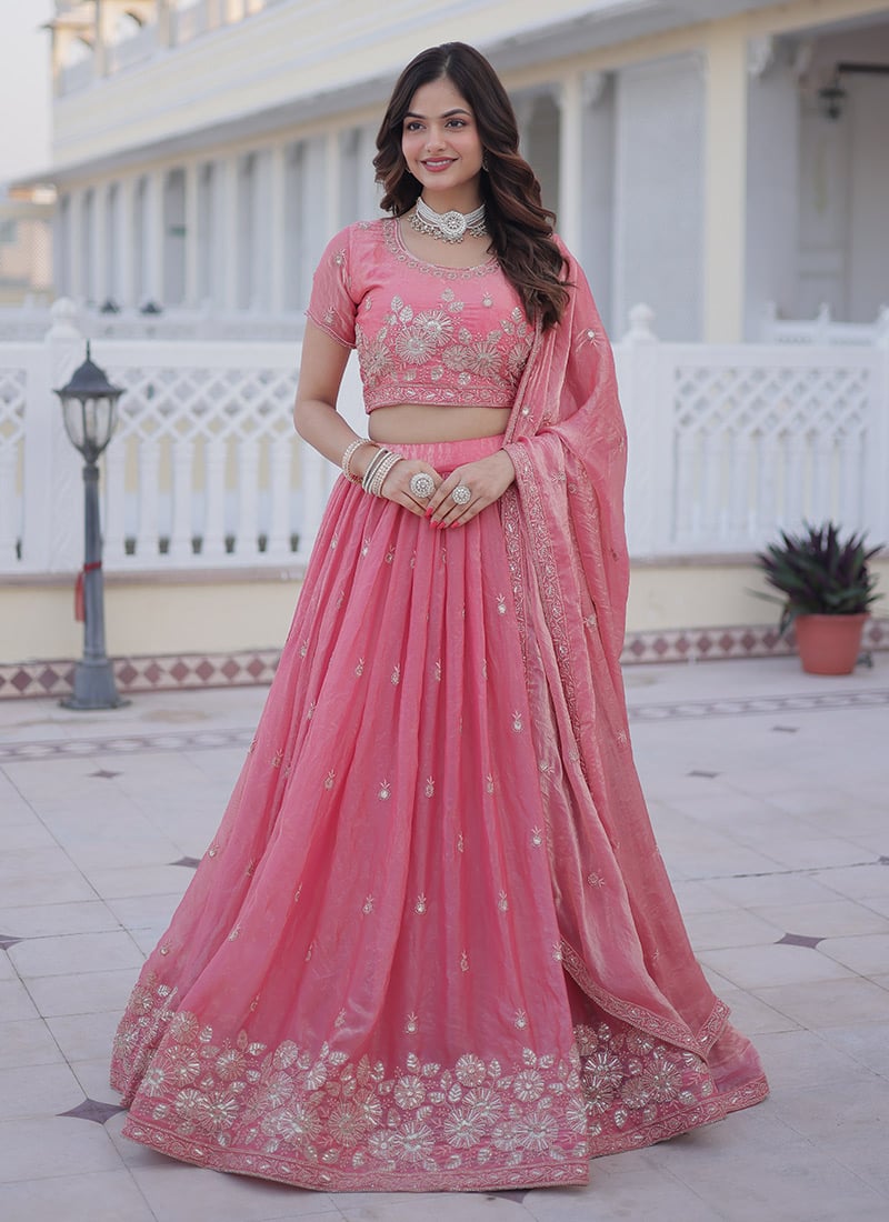 Baby Pink Fendy Silk Sequins Zari Embroidered Lehenga Wedding Wear