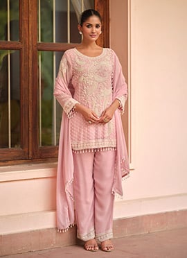 Baby Pink Georgette Beads Sequins Straight Pant Suit