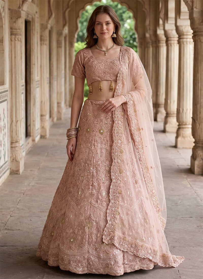Baby Pink Georgette Embroidery Sequins Lehenga Wedding Wear