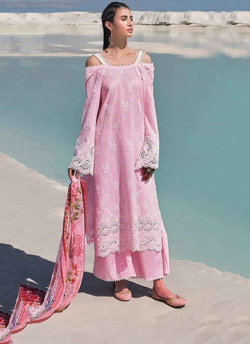 Baby Pink Georgette Embroidery Straight Pant Suit Party Wear