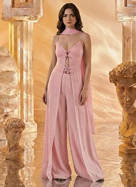 Baby Pink Georgette Hand Embroidered Sequins With Beads Work Palazzo Suit