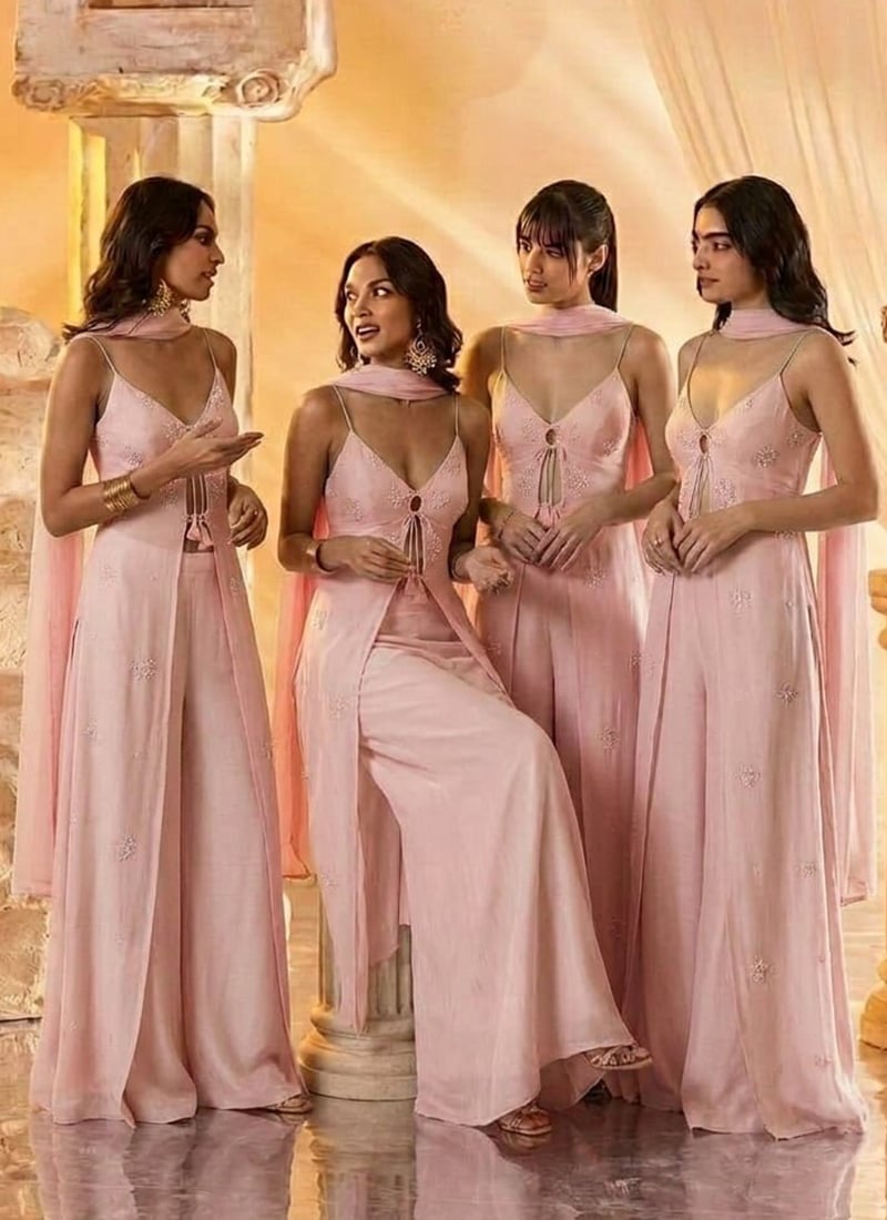 Baby Pink Georgette Hand Embroidered Sequins With Beads Work Palazzo Suit After Six Wear