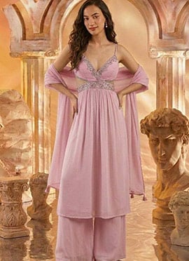 Baby Pink Georgette Zari Hand Embroidered Stone With Beads Work Palazzo Suit
