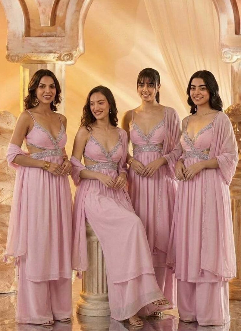 Baby Pink Georgette Zari Hand Embroidered Stone With Beads Work Palazzo Suit After Six Wear