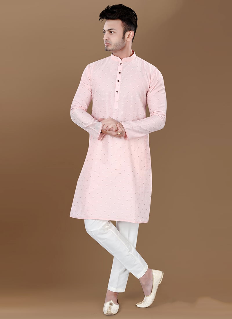 Baby Pink Jacquard Silk Kurta Pyjama Festive Wear