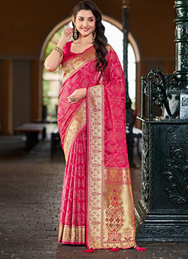 Baby Pink Jacquard Woven Zari Border Patola Banarasi Satin Silk Saree