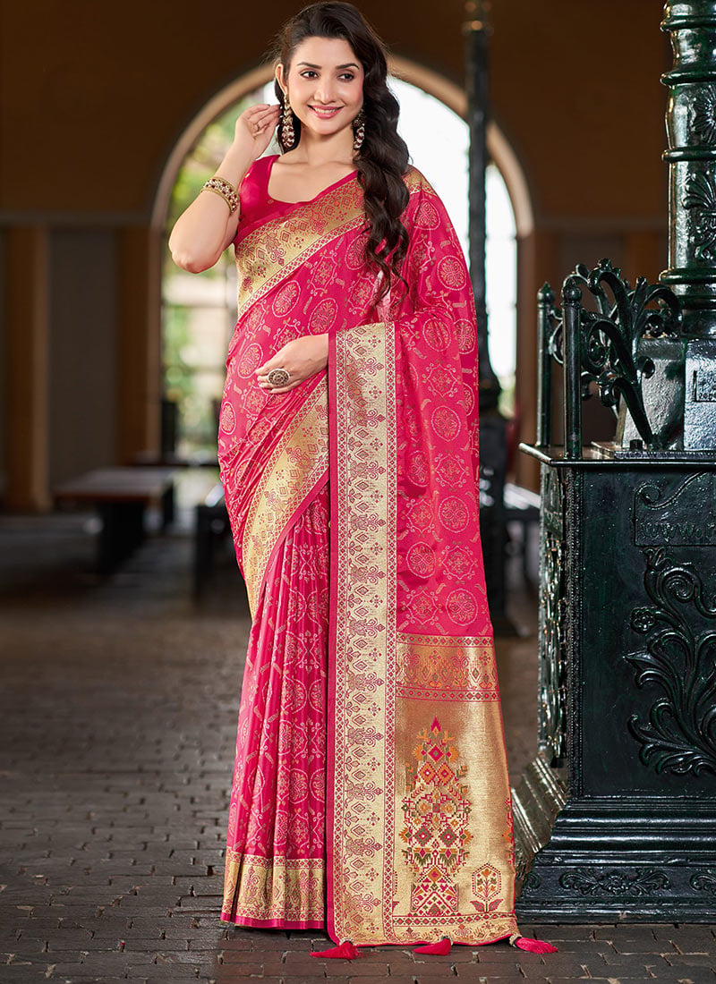 Baby Pink Jacquard Woven Zari Border Patola Banarasi Satin Silk Saree Festive Wear