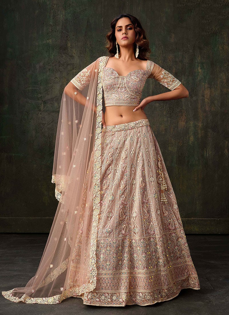 Baby Pink Net Embroidery Stone And Hand Embroidered Umbrella Lehenga Wedding Wear