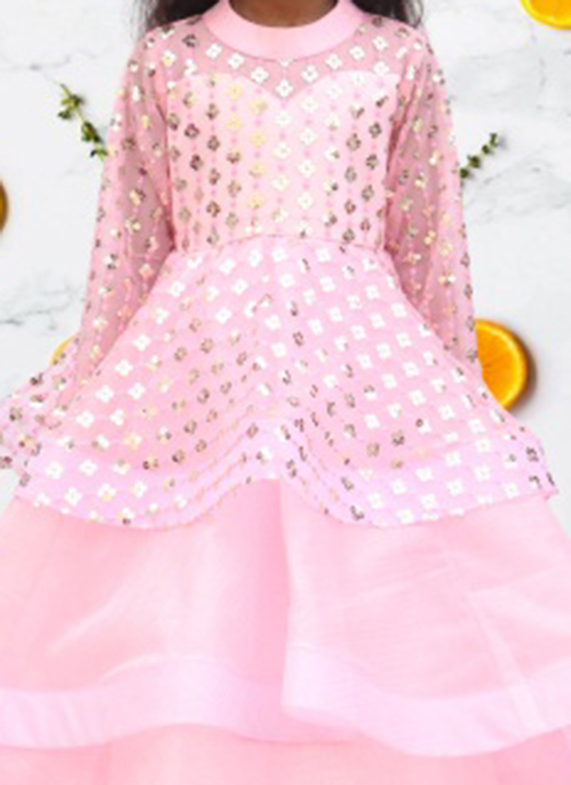 Babyhug 100% Cotton Woven Sleeveless Chevron Print Embroidered Sequins Dress - Pink