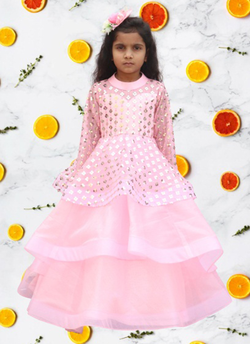 Baby Pink Net Sequins Embroidery Gown