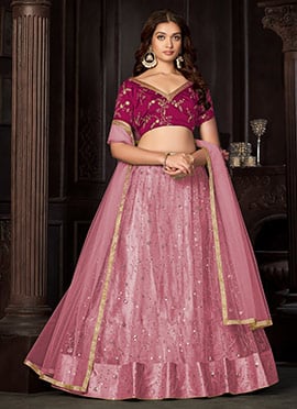 Baby Pink Net Umbrella Lehenga With Embroidery And Sequins