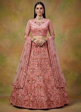 Baby Pink Net Zari Embroidered Sequins Lehenga