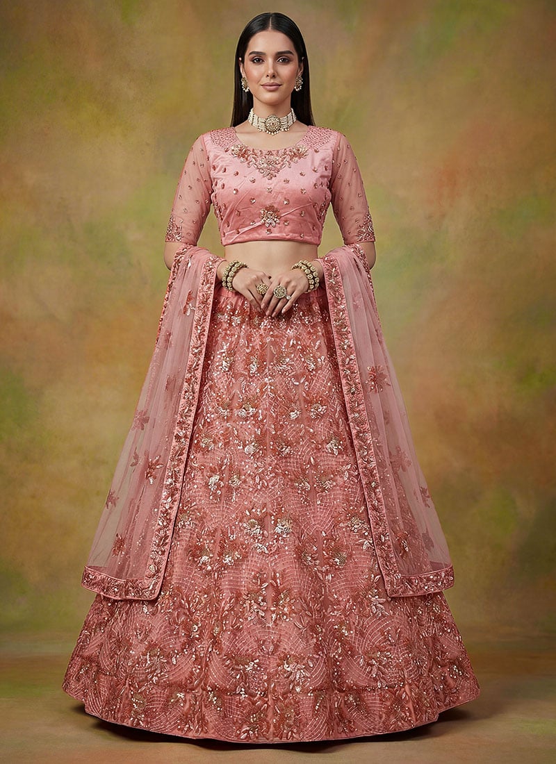 Baby Pink Net Zari Embroidered Sequins Lehenga Wedding Wear