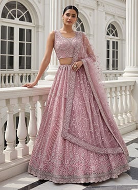 Baby Pink Net Zari Sequins Embroidered Thread Zarkan Stones Umbrella Lehenga