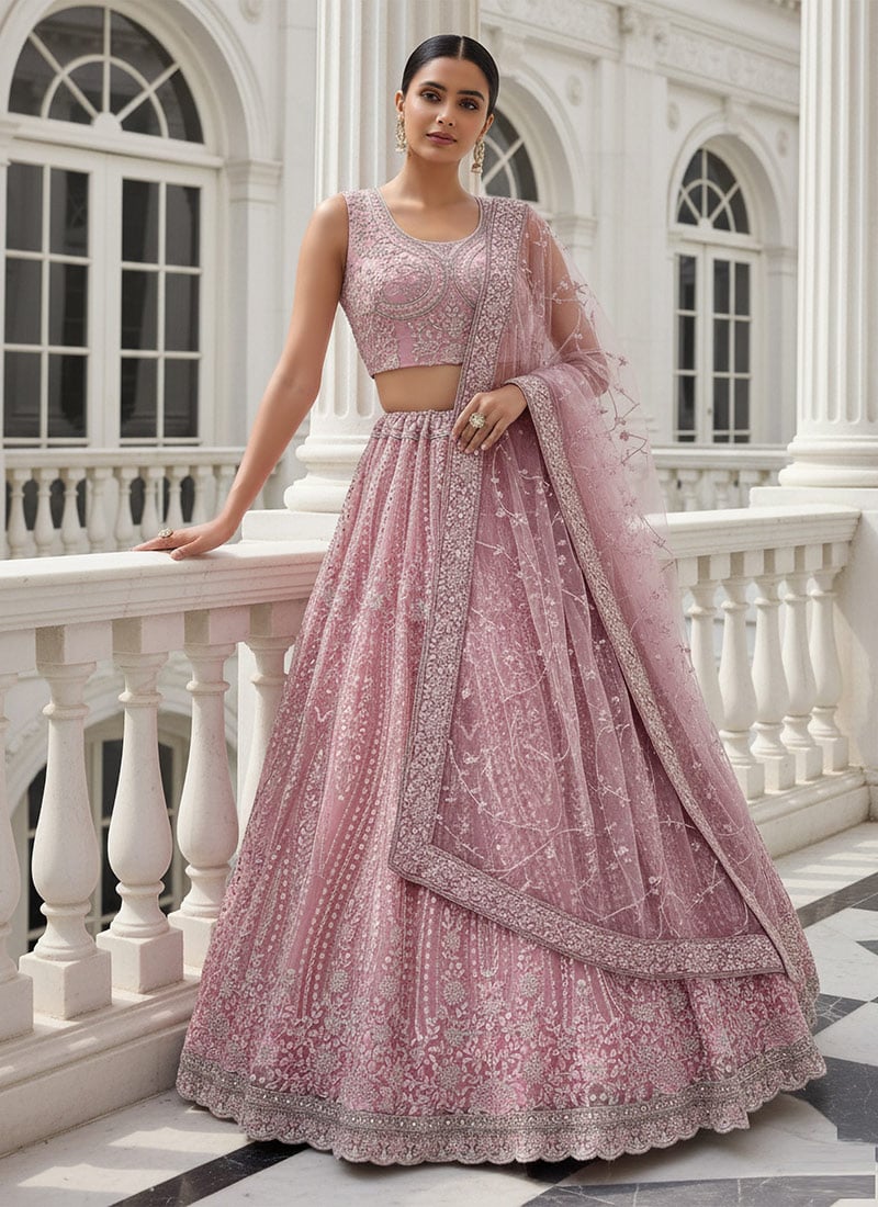 Baby Pink Net Zari Sequins Embroidered Thread Zarkan Stones Umbrella Lehenga Wedding Wear