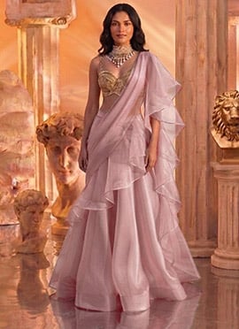 Baby Pink Organza Hand Embroidered Sequins With Zardosi Work Lehenga Wedding Wear